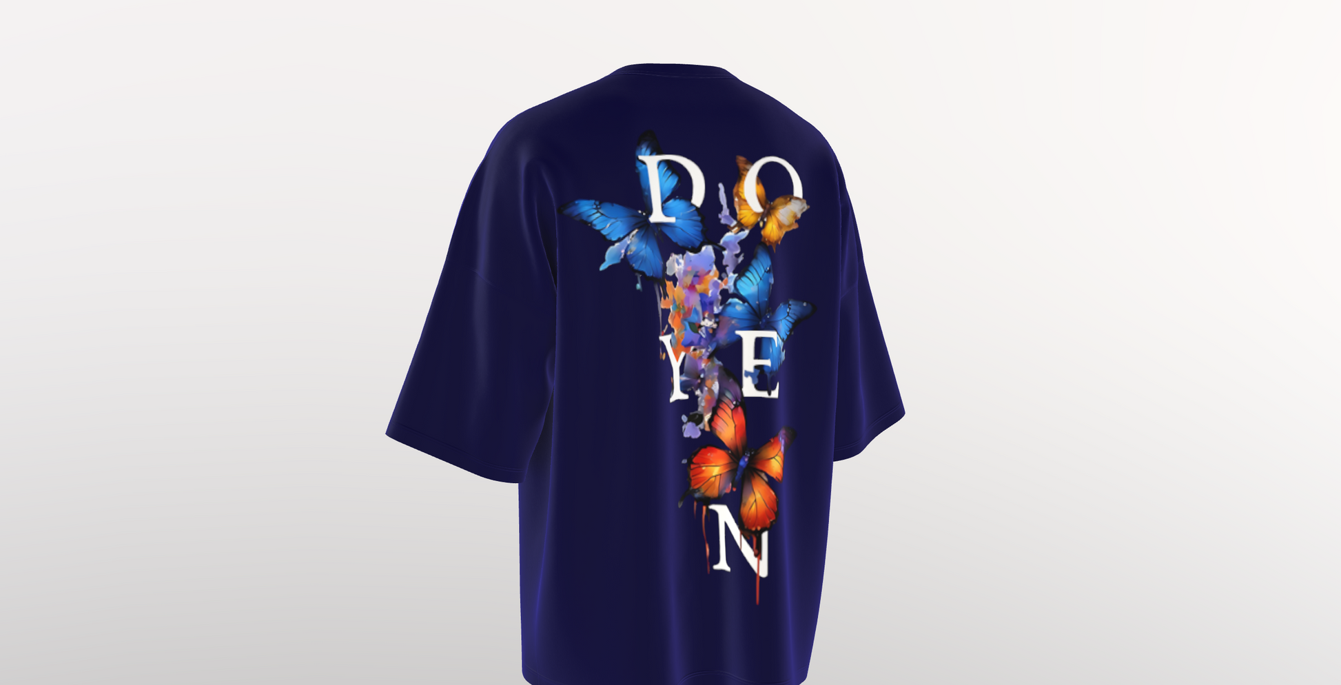 doyen blue butterfly oversized tshirt, back left packet