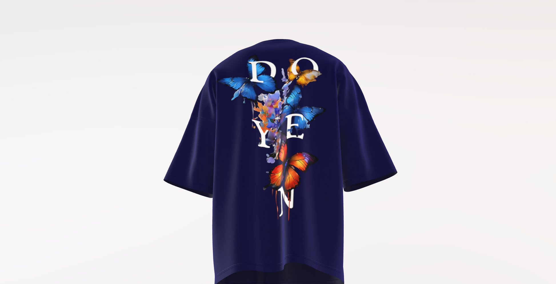 doyen blue butterfly oversized tshirt, back bottom packet