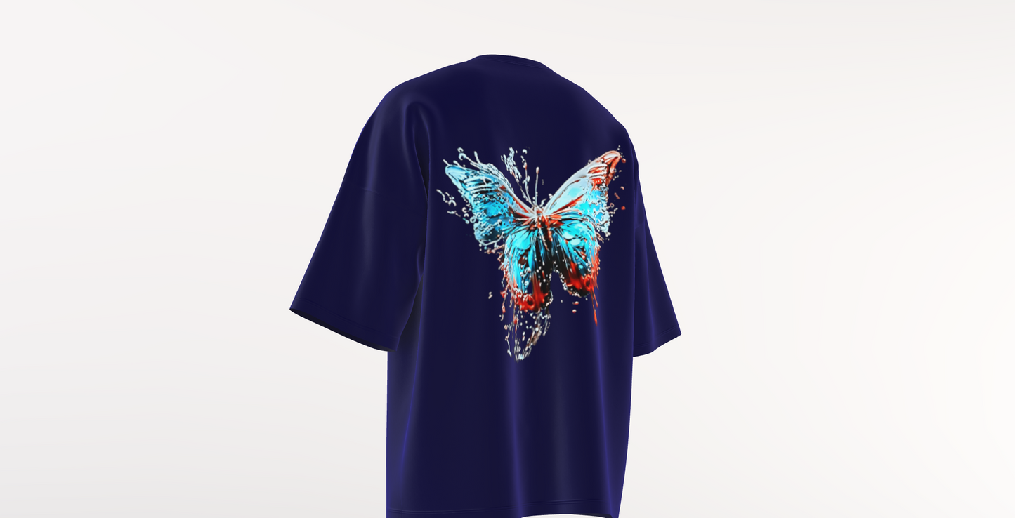 blue butterfly oversized tshirt, left side back packet