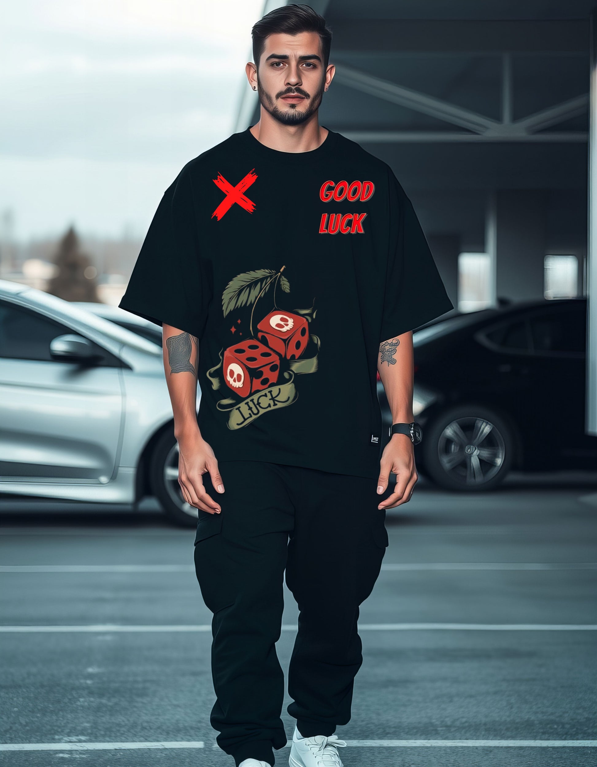 black oversized t shirt, front model packet