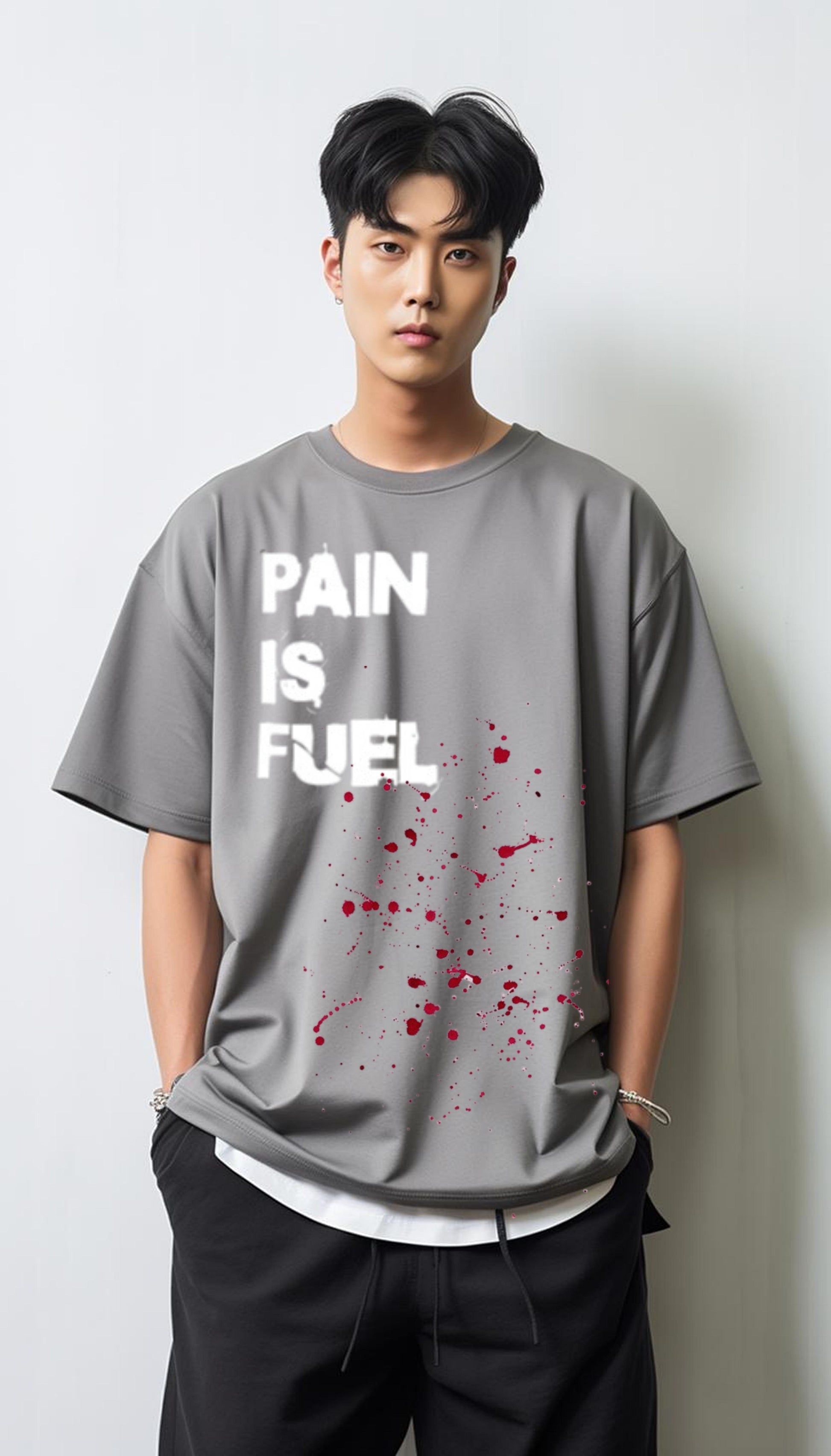 grey oversized t shirt, front model white packet