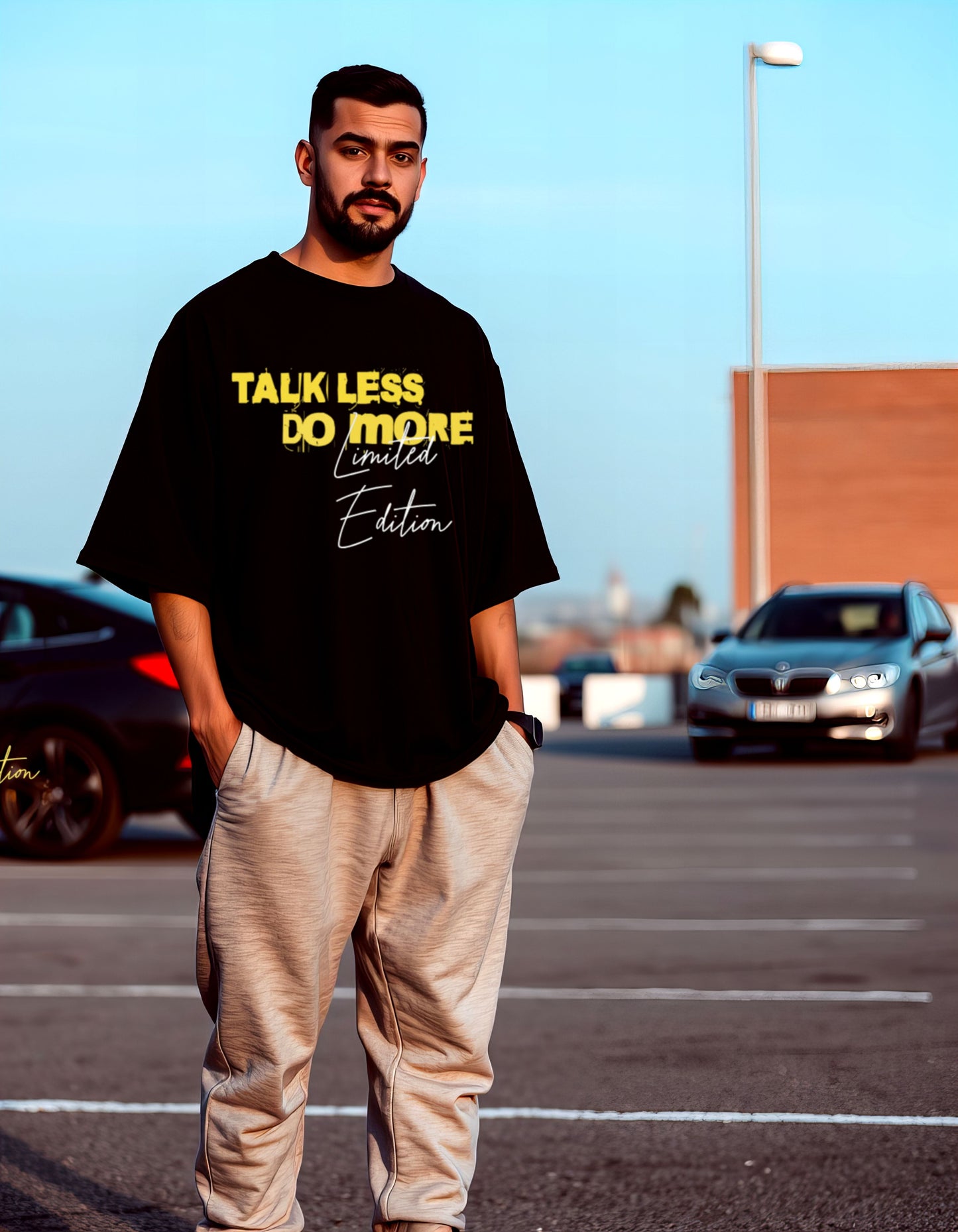 black oversized t shirt, front model packet