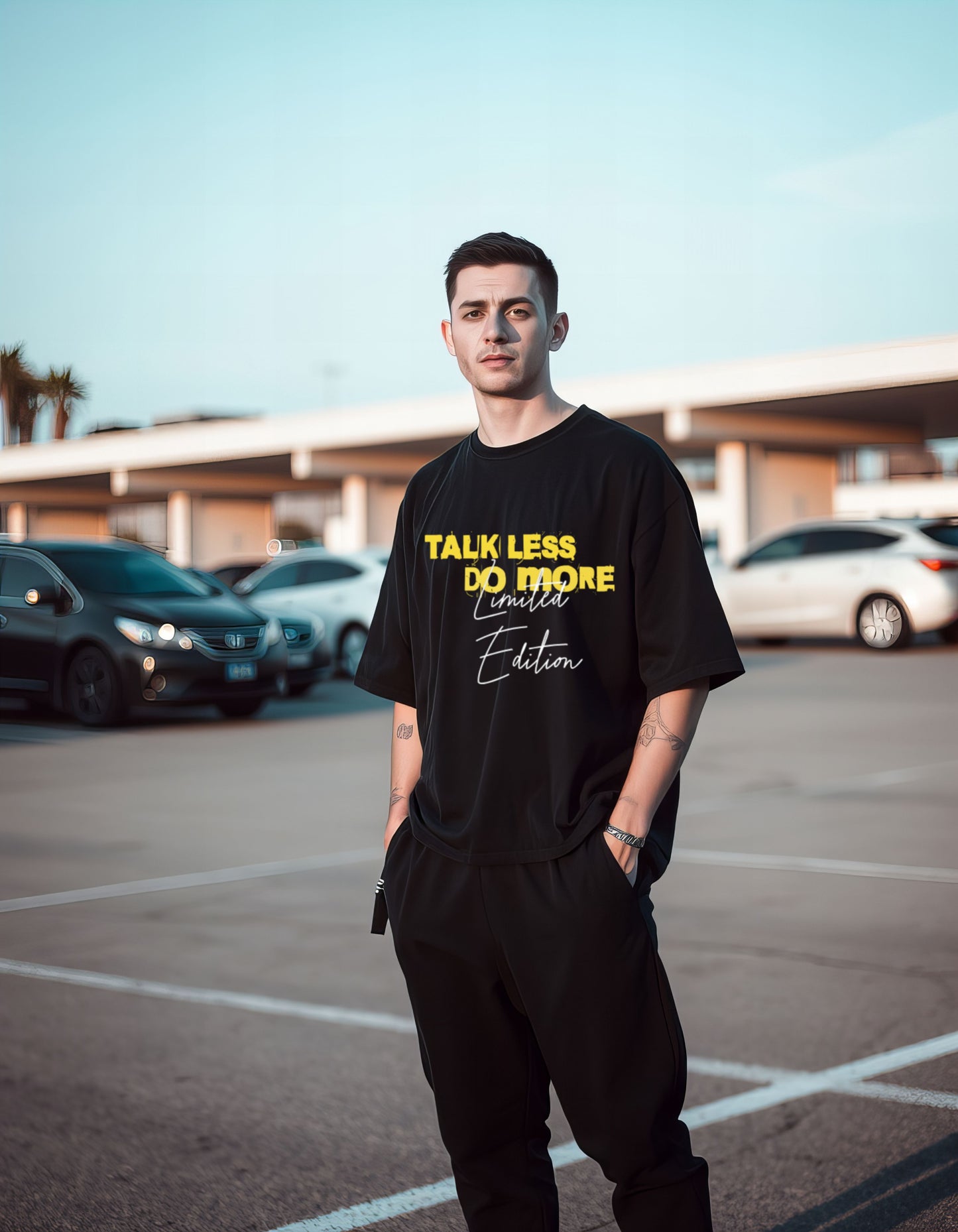 black oversized t shirt, front model packet