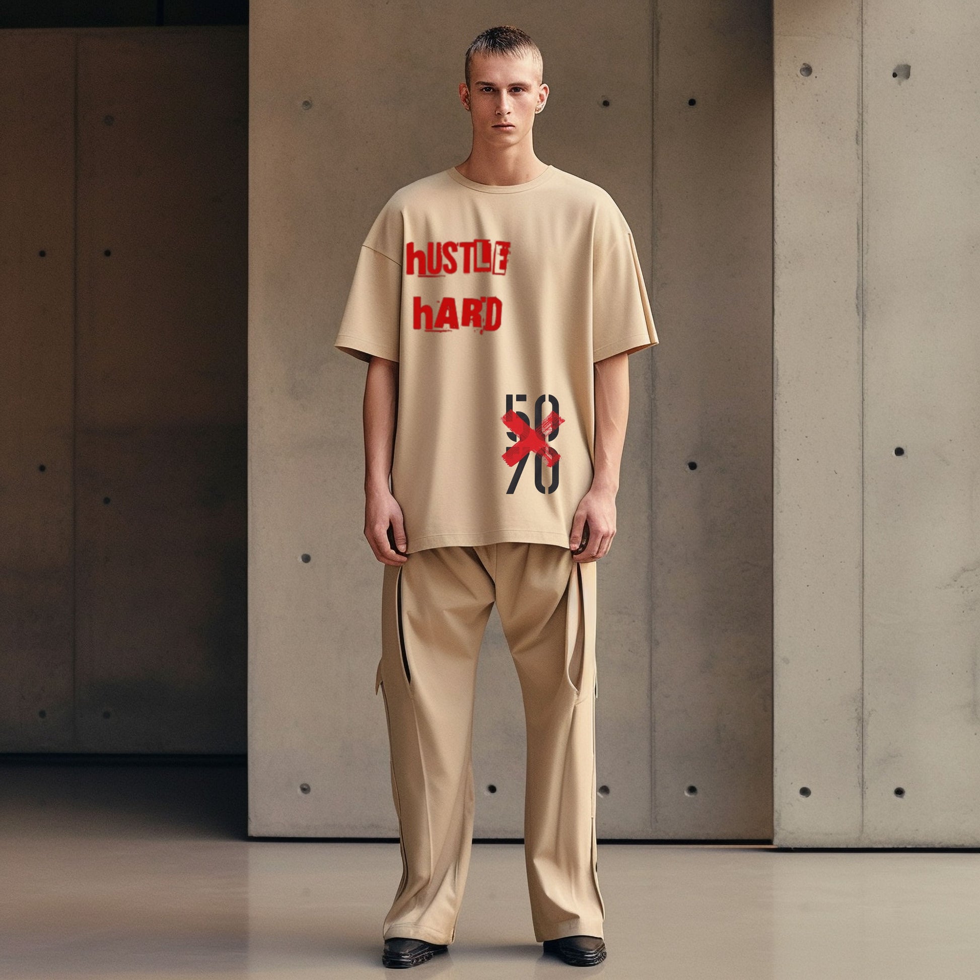 men beige oversized t shirt, front packet