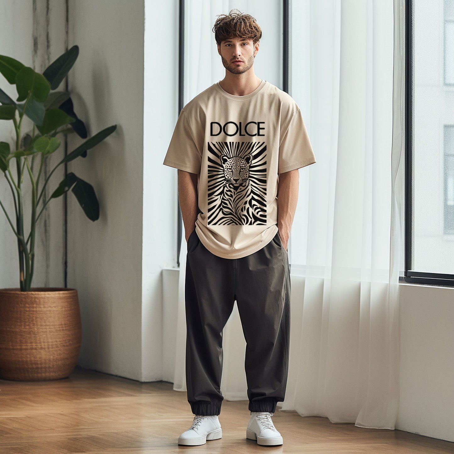 beige oversized t shirt, front model packet 