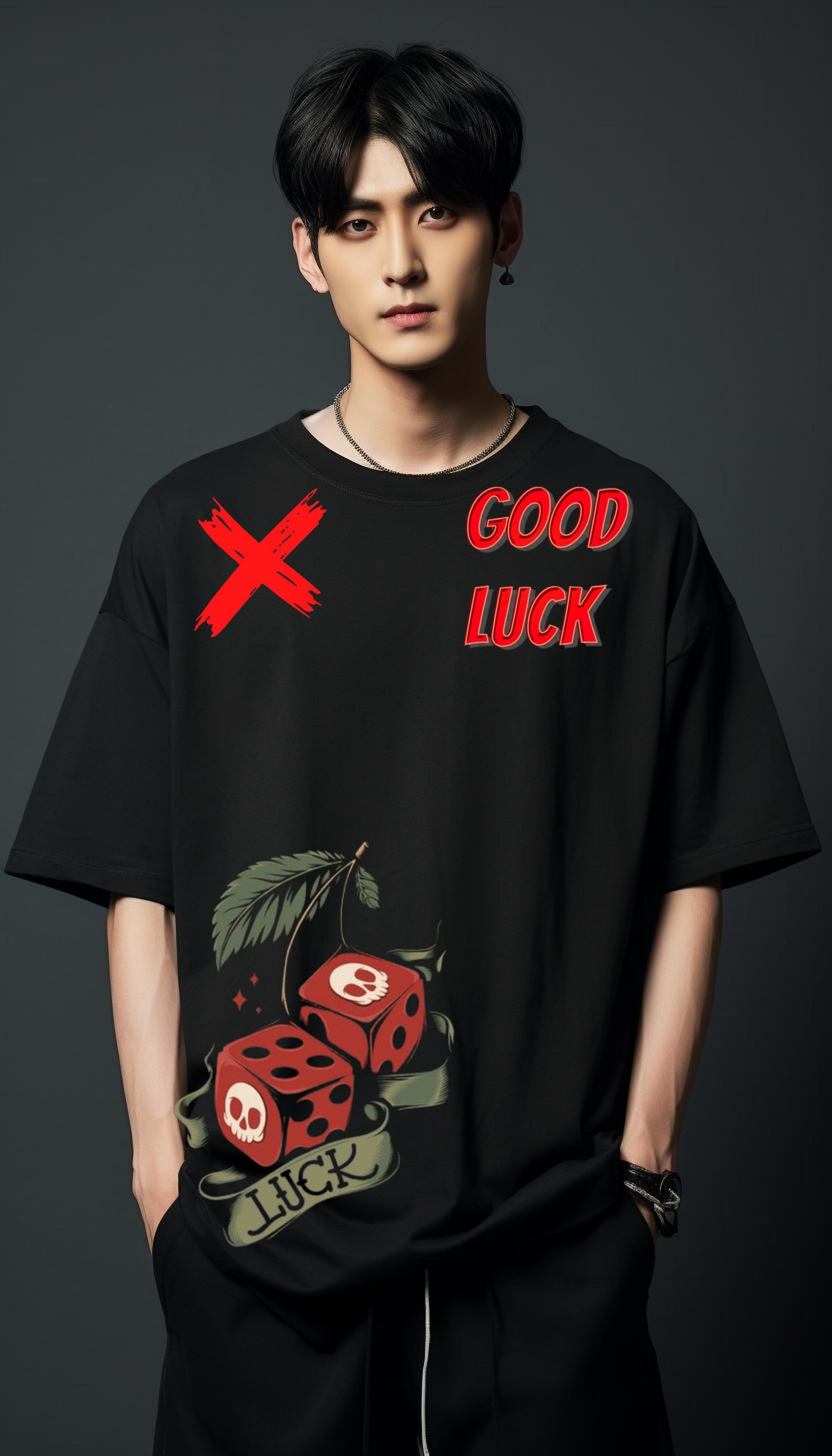 black oversized t shirt, front model packet