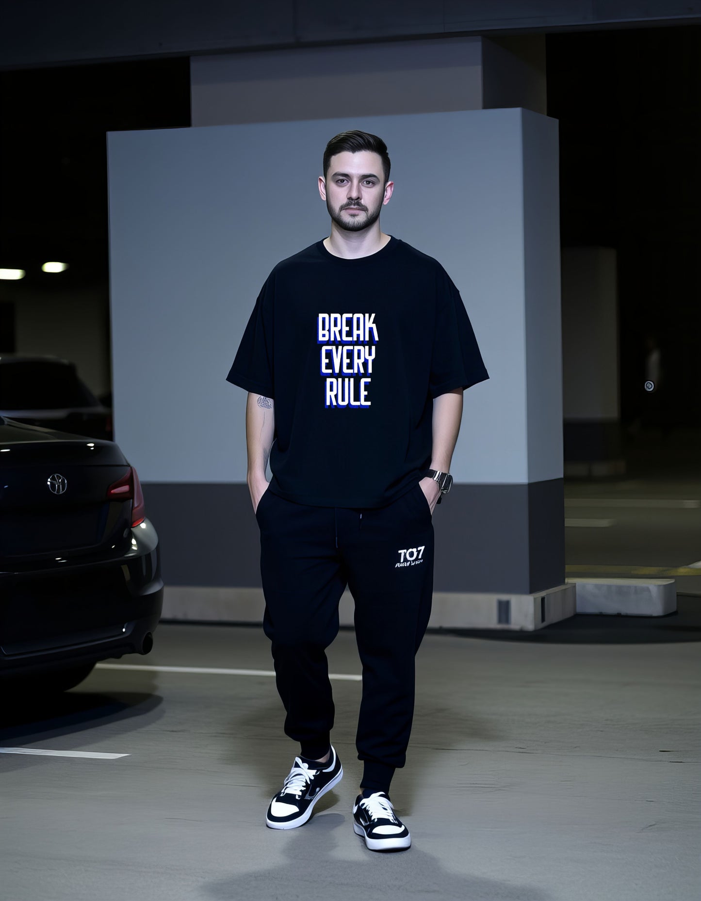 black oversized t shirt, front packet