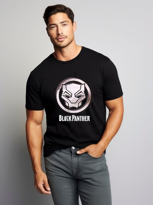 black panther logo t shirt, front model packet