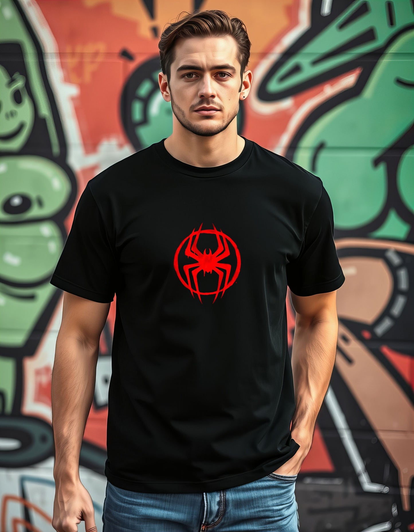 spiderman logo t-shirt, front model packet