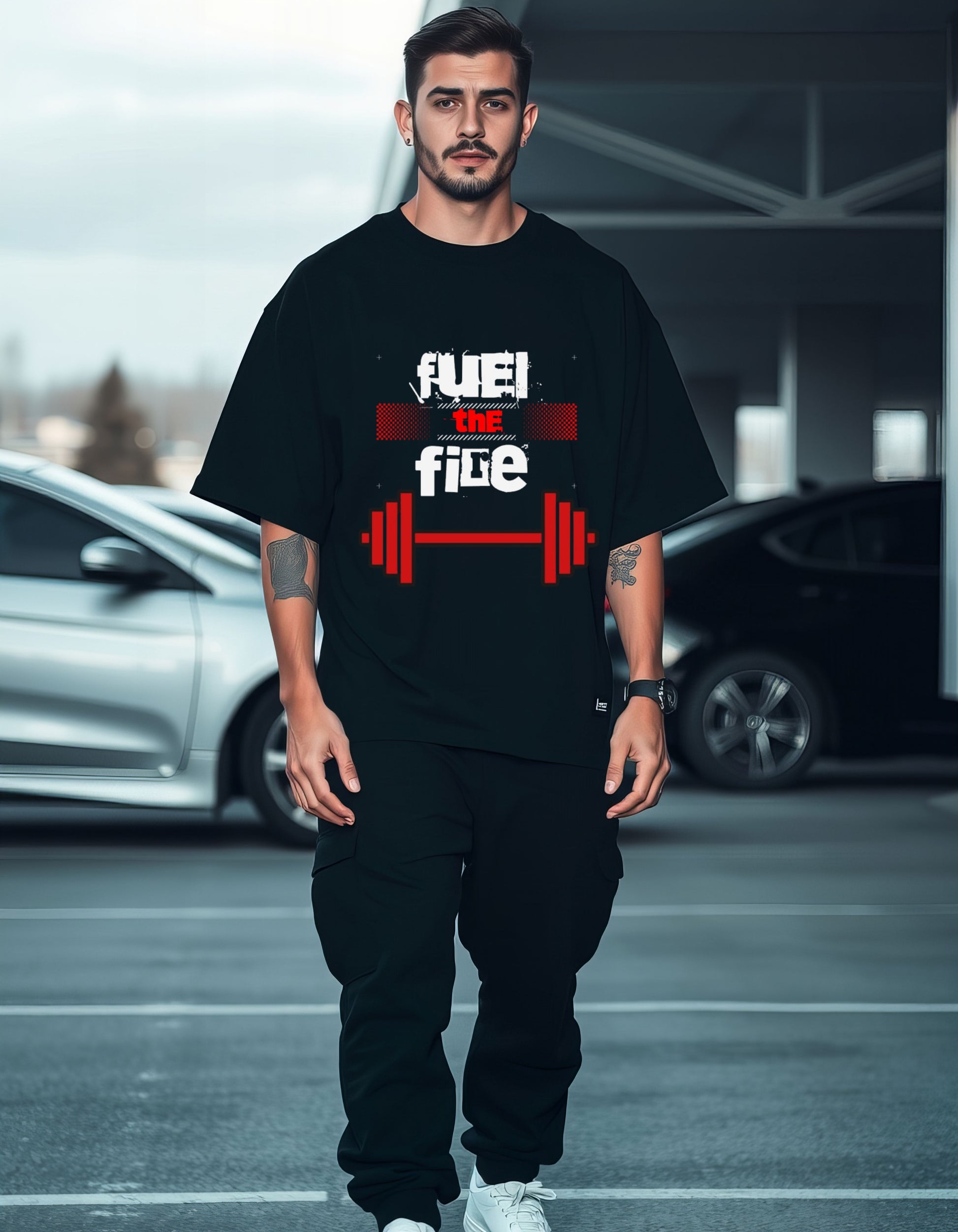 fuel the fire oversized t shirt, front  model packet