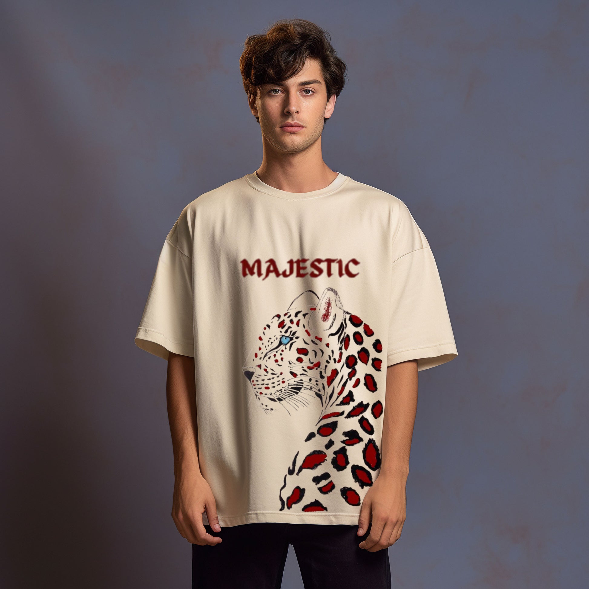 cheetah oversized t shirt, front model men packet