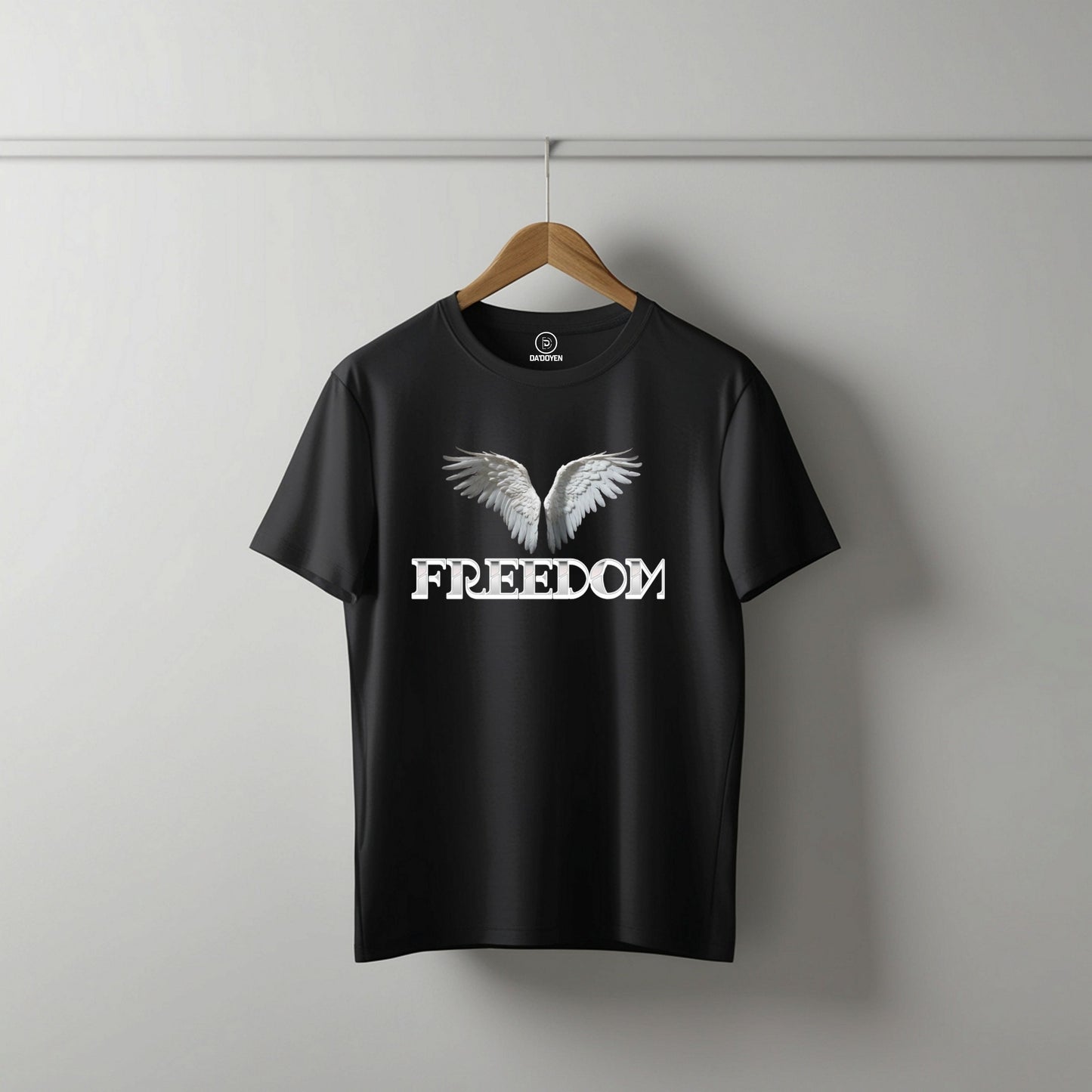 freedom black oversized t shirt, front hanger packet 