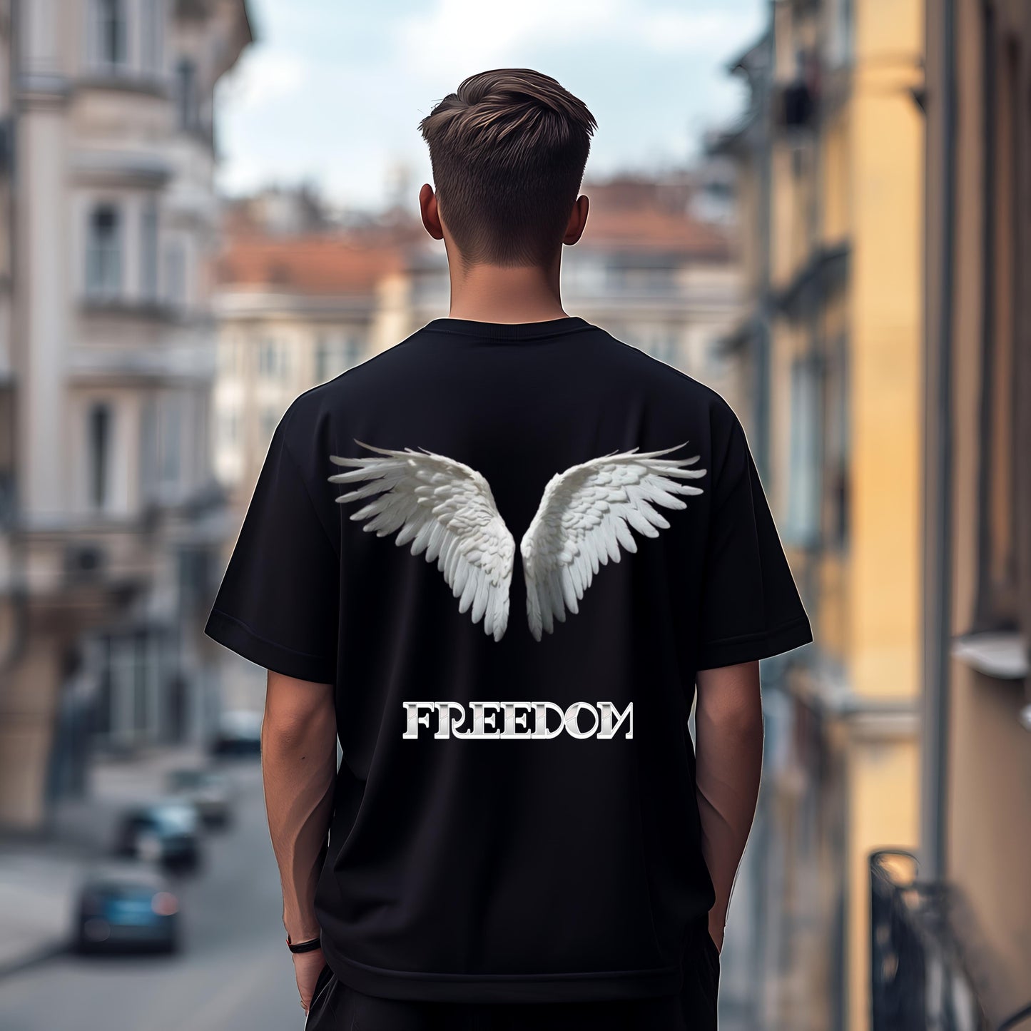 freedom black oversized t shirt, back packet 