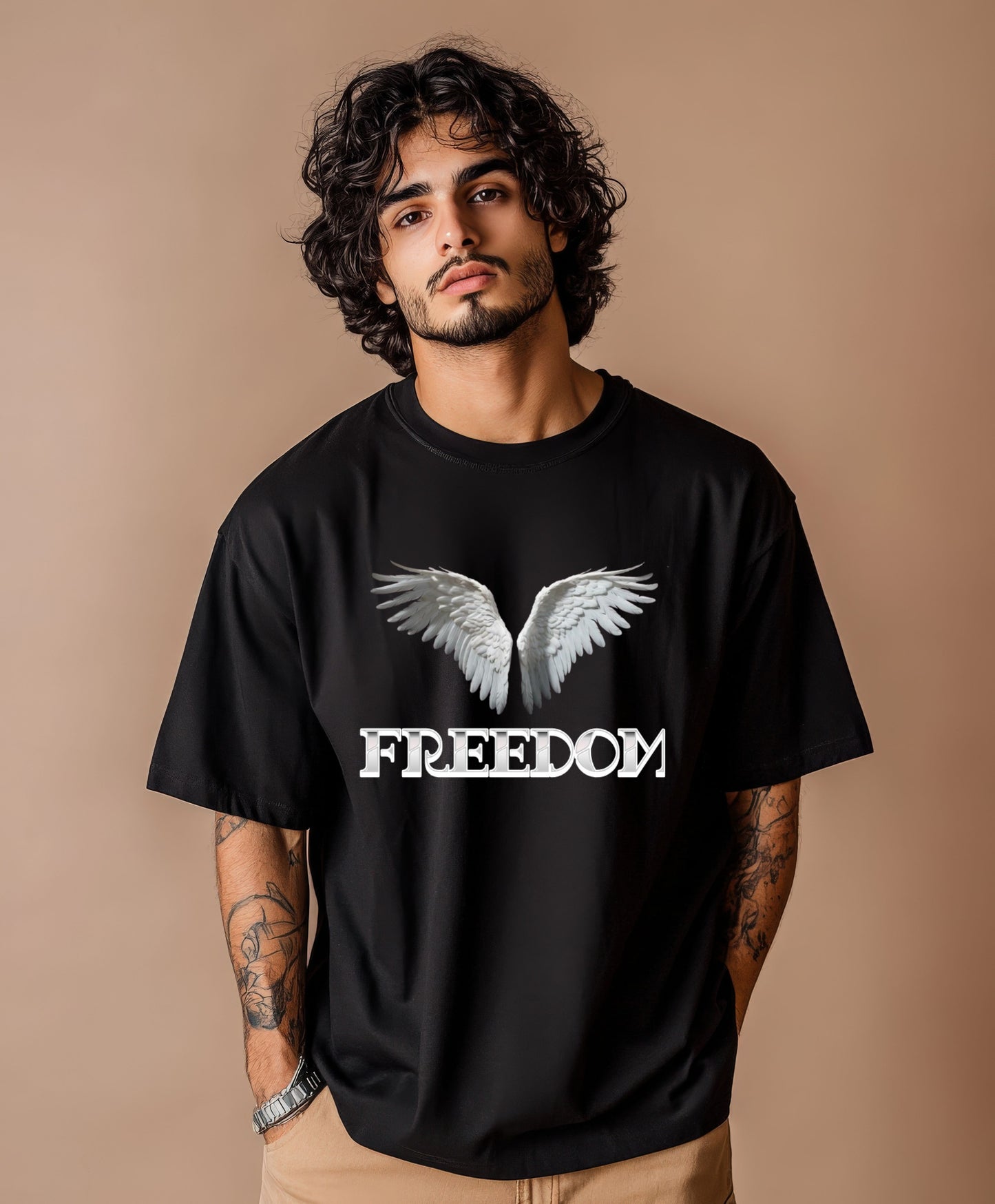 freedom black oversized t shirt, front model packet 