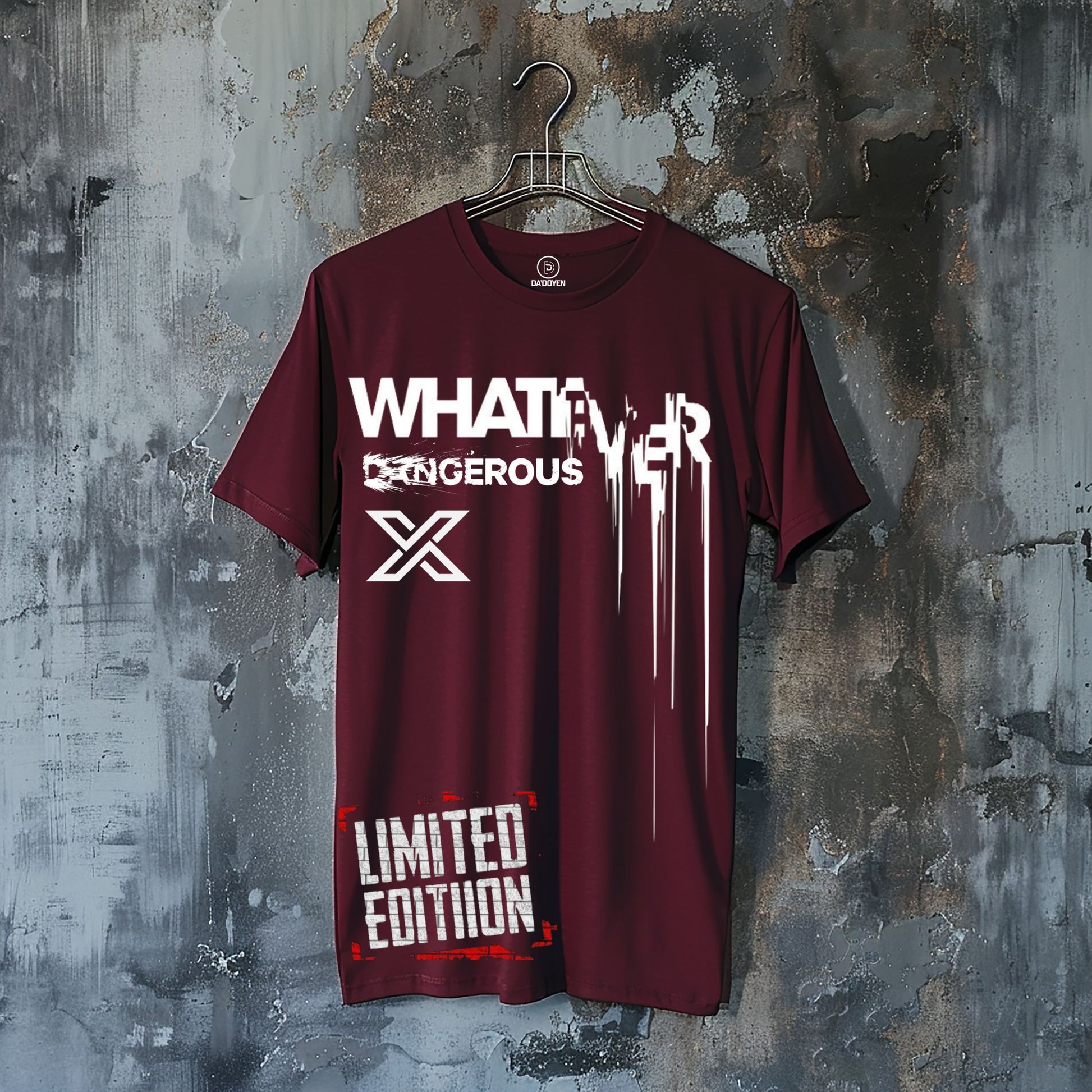 maroon oversized t shirt, front hanger packet